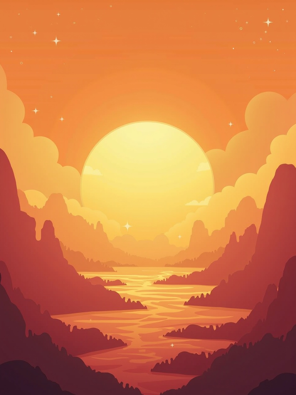 A dreamy digital illustration of a sunset over a mountainous valley with a river flowing through, using orange and yellow hues.