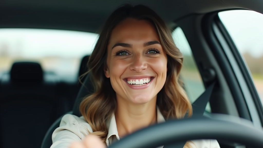 A smiling woman with wavy hair is joyfully driving a car, exuding a sense of freedom and happiness.