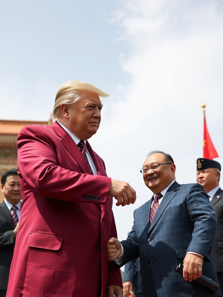 Two men in formal suits are engaging in a handshake, with a backdrop featuring a red flag.