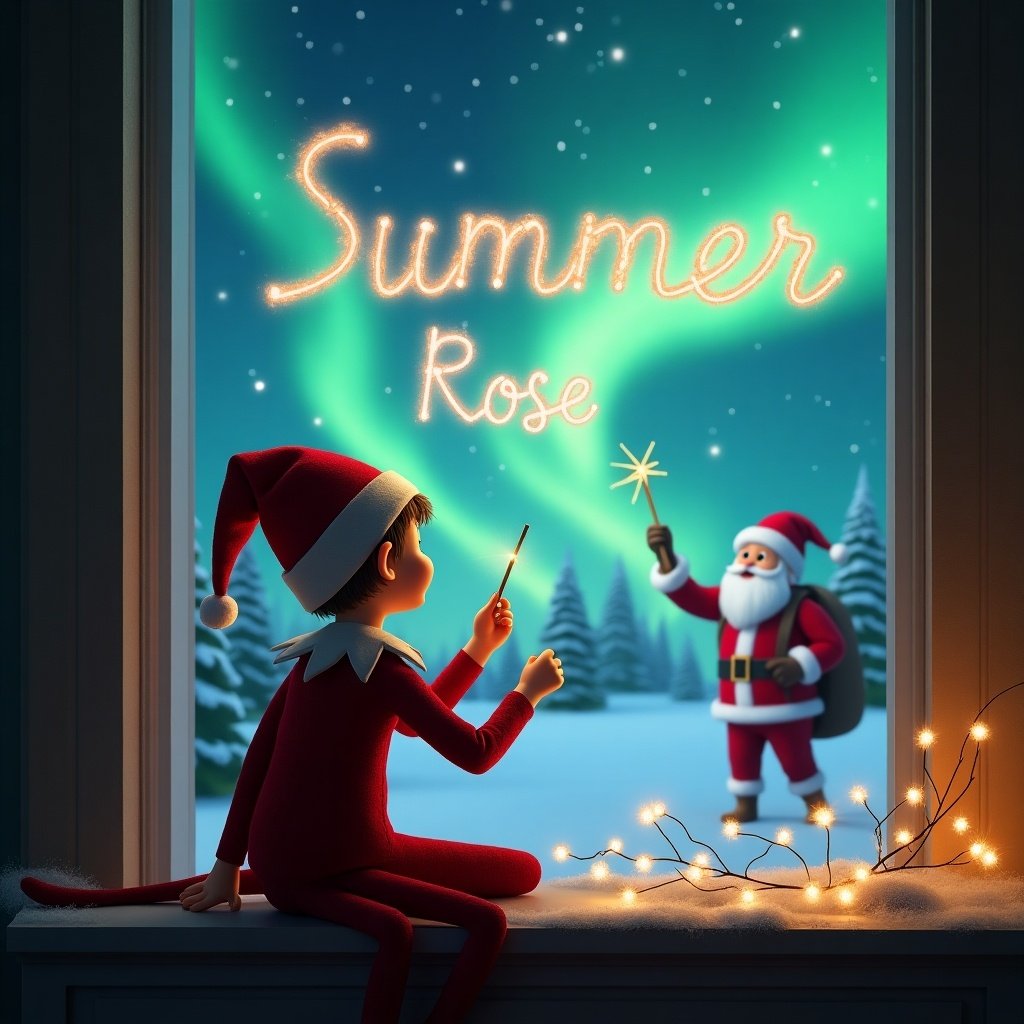 The image depicts an enchanting winter scene through a window, showcasing an elf on the shelf with his back turned, casting a magical spell with a wand. The elf is joyfully writing names in the sky, surrounded by twinkling fairy lights. Outside, colorful northern lights dance in the night sky, adding to the magical atmosphere. Santa Claus can be seen in the background, enhancing the festive scene. The overall vibe is whimsical and joyful, perfect for the Christmas season.