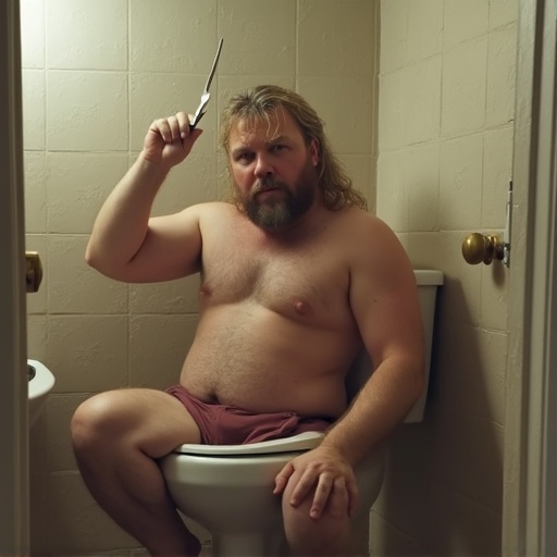 Man sitting on toilet holding a fork. He looks at the camera. Bathroom setting with beige walls. Funny expression. Humor in everyday life.