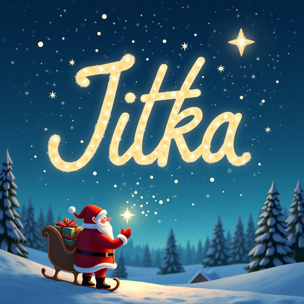 Santa Claus writes 'Jitka' in the night sky with magical lights. A snowy landscape surrounds him with tall evergreen trees. A sleigh full of presents is nearby. A bright star is shining above.