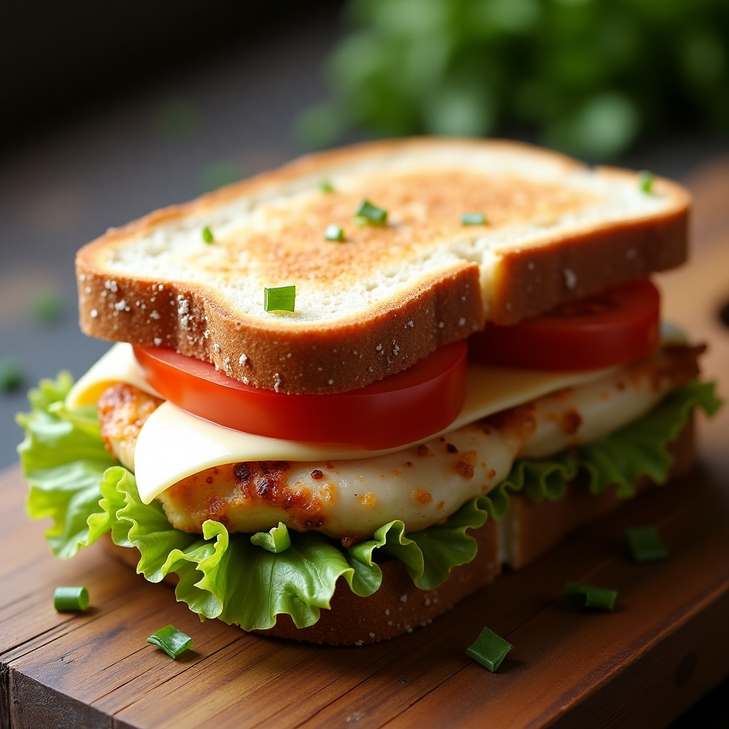 This image features a delicious sandwich made with sliced chicken and white cheese layered between two slices of toasted bread. Fresh iceberg lettuce and ripe tomato slices add texture and flavor to the sandwich. The vibrant colors of the ingredients contrast beautifully with the golden-brown bread. Perfectly arranged, this sandwich looks appetizing and ready to eat. Ideal for a quick lunch or a satisfying snack. The natural lighting enhances the visual appeal of the dish and emphasizes its fresh ingredients.