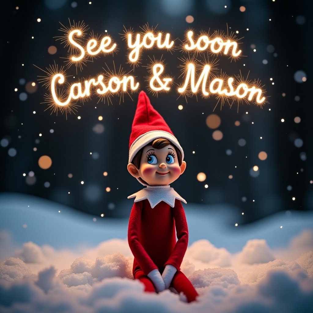 Elf on the Shelf sitting in snowy landscape at night. Traditional red outfit. Innocent expression. Phrase above in sparkling lights saying See you soon Carson & Mason. Snow falling. Warm and festive atmosphere.