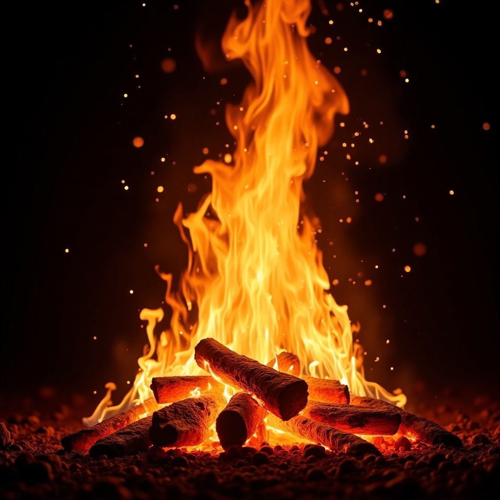 A mesmerizing image of a fire burning brightly. Flames dance upward with logs arranged at the base. Dark background enhances the vivid flames.