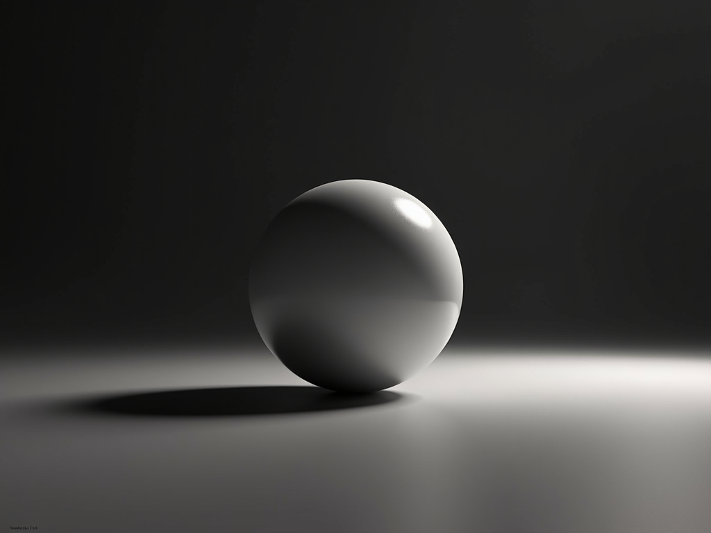 A single, glossy white sphere casting a shadow on a smooth, dimly-lit surface.