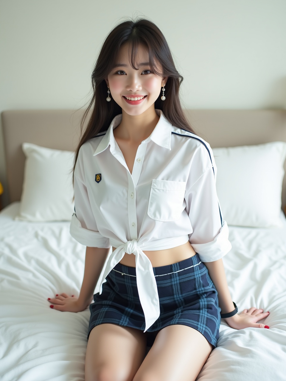 A young woman sitting on a bed, smiling gently. She wears a tied white blouse and a plaid skirt. The setting is minimalist and bright, giving a sense of calm and warmth.