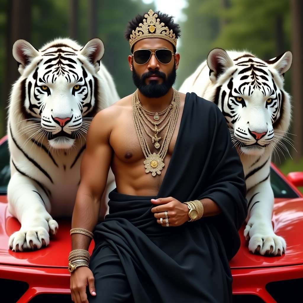 Regal Tamil prince in black dhoti and Gucci shades. Flanked by two white tigers and a red Ferrari. Exudes princely elegance and power. Captivating image of royalty.