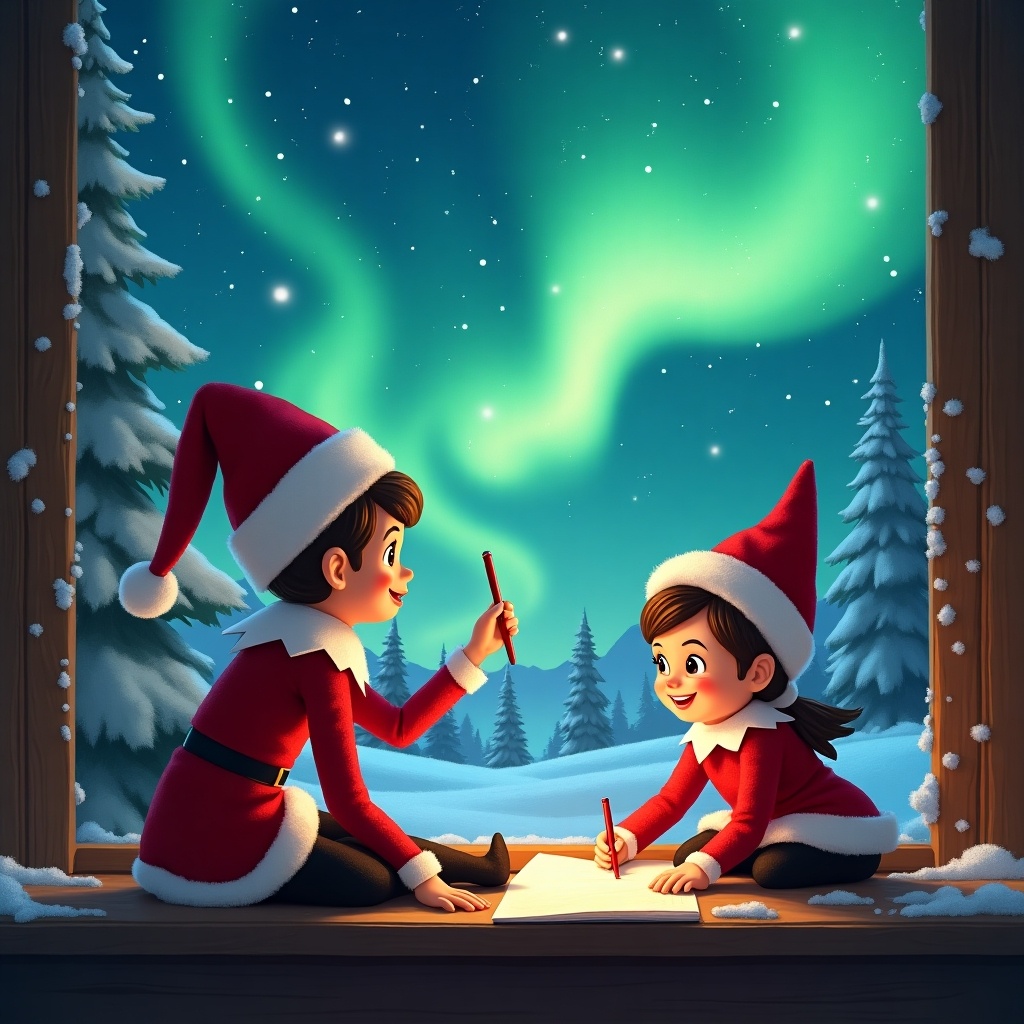 The image depicts two children dressed as elves, sitting on a cozy window ledge and writing on a large sheet of paper. They are surrounded by a snowy landscape adorned with pine trees, under the vibrant northern lights. The sky is a brilliant mix of greens and blues, creating a magical atmosphere. Both children wear red and white outfits and have cheerful expressions. This festive scene captures the joy of the holiday season, evoking warmth and happiness.