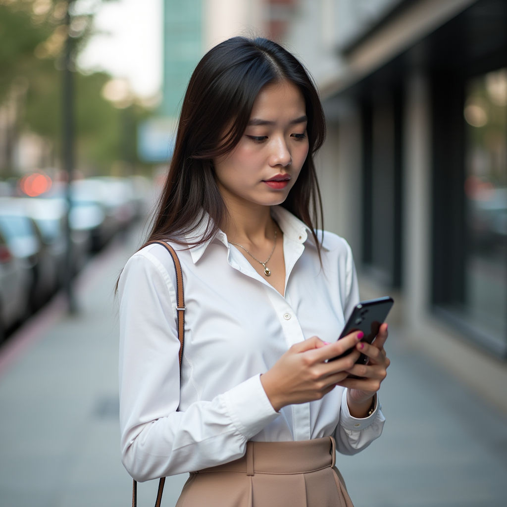 A woman in a white blouse and beige skirt walks along a city street, engrossed in her smartphone.