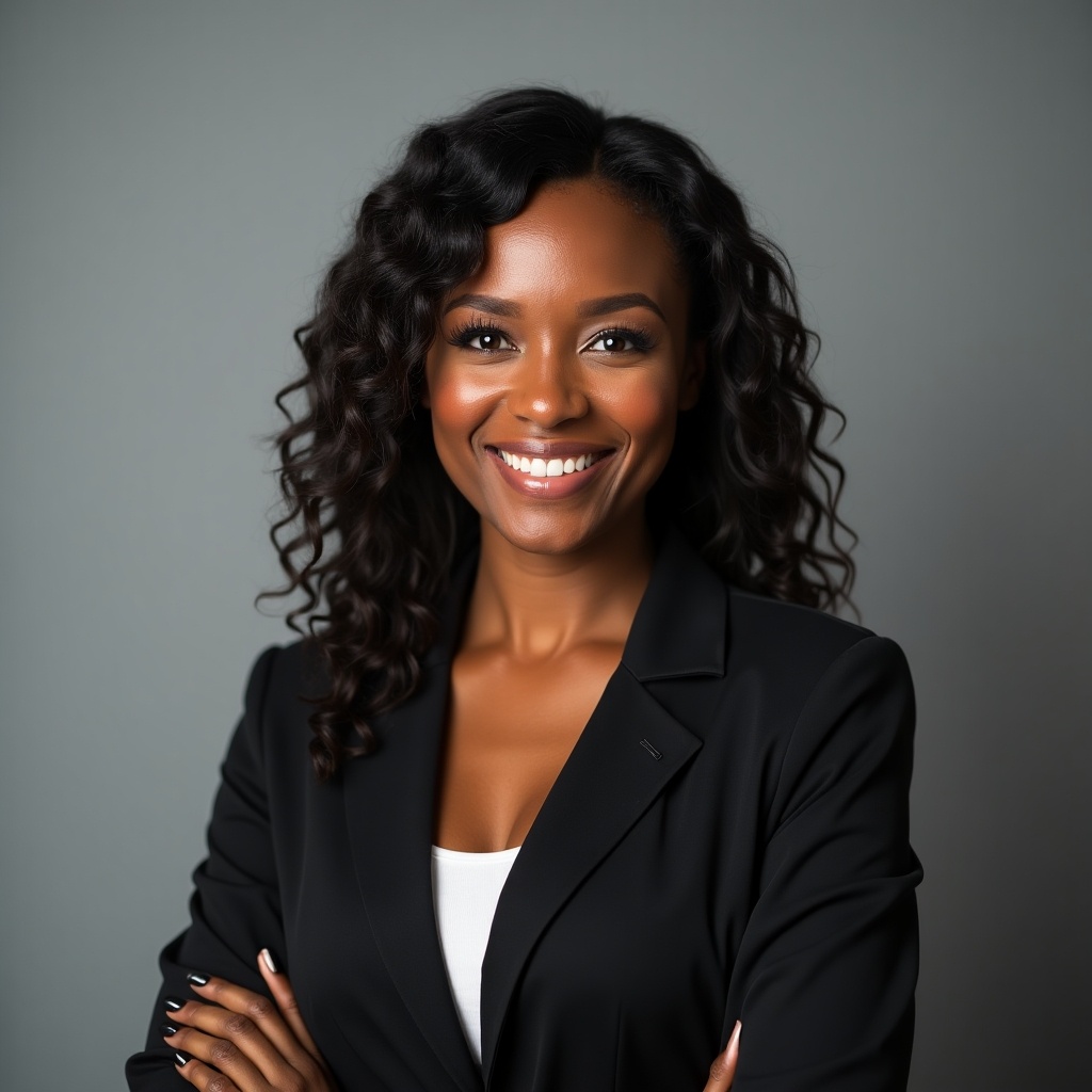 Black female CEO in professional attire. The individual is posed confidently, exuding leadership qualities, with a neutral background suitable for corporate environments.