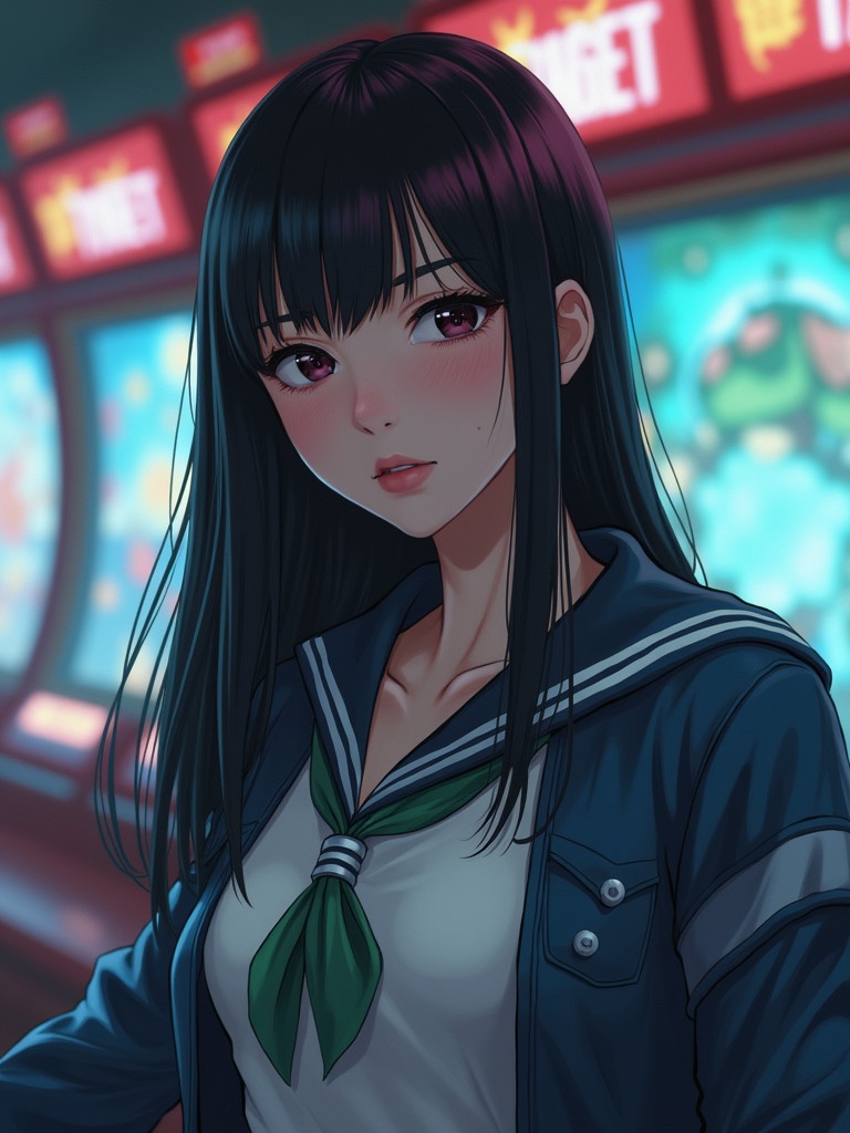 A woman dressed as a player from Squid Game. She has straight black hair and wears a green tie. She stands in front of a brightly lit background with a video game setting. The character exudes a strong presence. The outfit is reminiscent of the style from the series. The overall composition captures the essence of the show's theme.