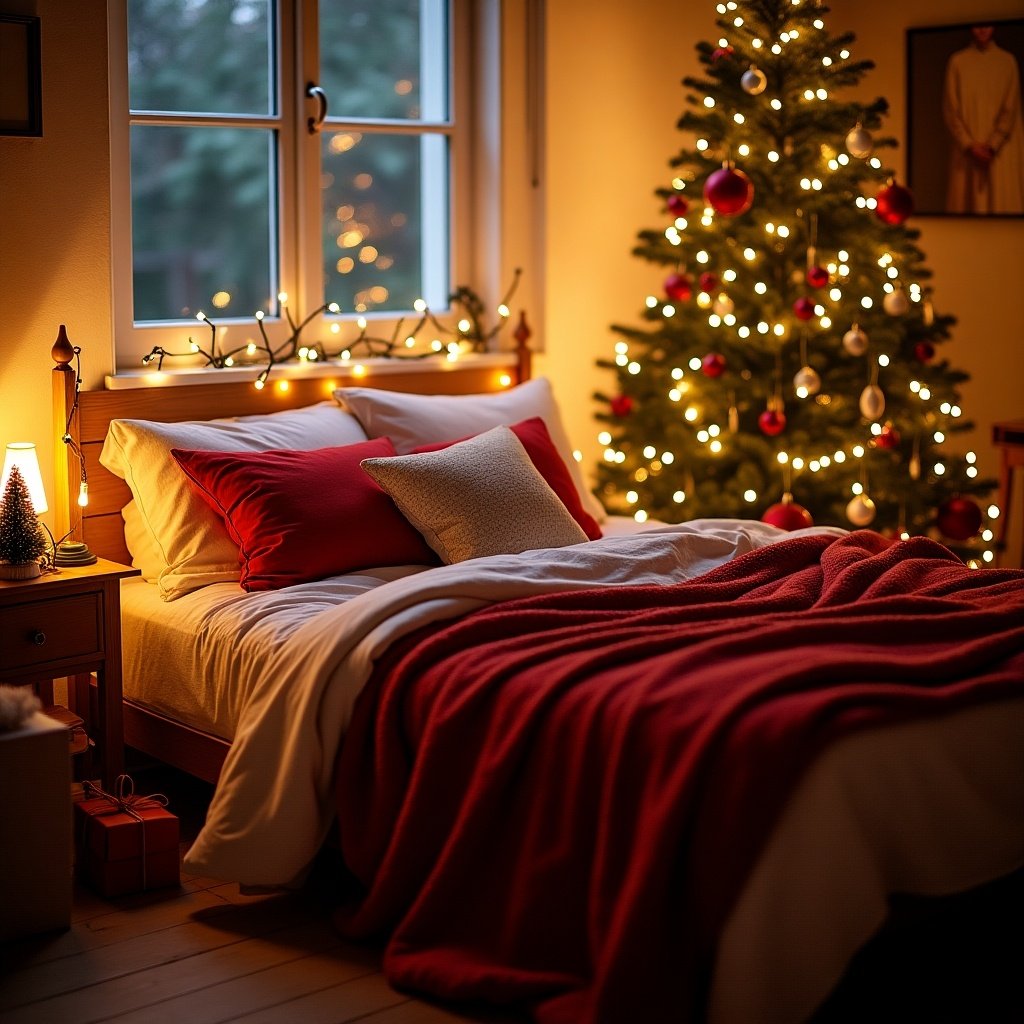 Cozy bedroom decorated for Christmas. A bed with red blankets and pillows. A Christmas tree with lights and ornaments. Warm glowing lights around the bed. A festive atmosphere.