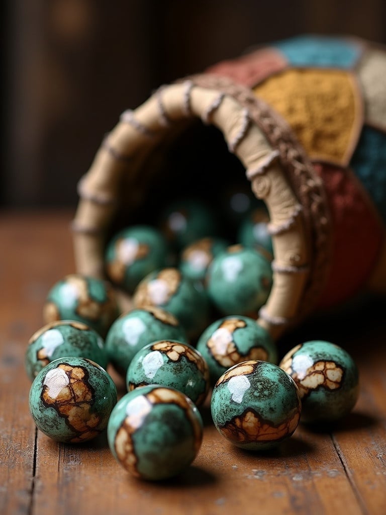 Hyper-realistic round marbles made of various types of abalone with thin stripe inlays of exotic wood. Marbles spilling from a worn, pliable sack made of scraps of various colors of natural leather. Scene reminiscent of 17th-century maritime treasure.