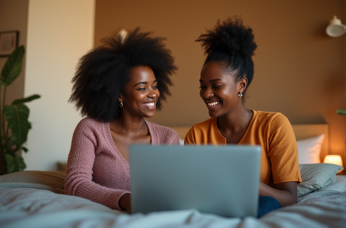 Two women sit on a bed, smiling at each other while using a laptop.