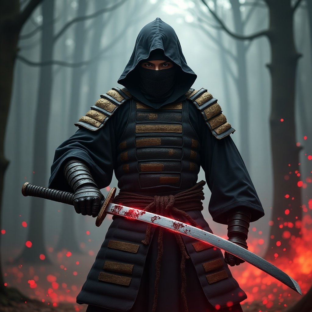 A samurai character wearing a full face covering helmet. Dark ornate outfit with gold accents. Holding a glowing katana with tortured faces along the blade. Set in a misty forest with red fires and particles creating an eerie atmosphere.