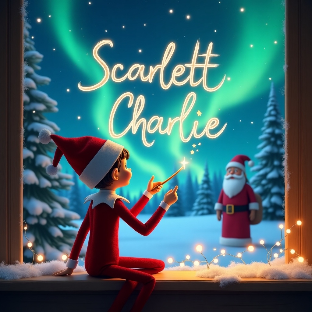 An 'Elf on the Shelf' character is depicted with its back to the image, gazing at the sky. It is using a magic wand to write the names 'Scarlett' and 'Charlie' in a sparkling display above. The background features a beautiful winter landscape adorned with snow, illuminated by shimmering northern lights. In the distance, Santa Claus is watching with a joyful expression. The scene emanates a magical Christmas atmosphere, perfect for a festive celebration.