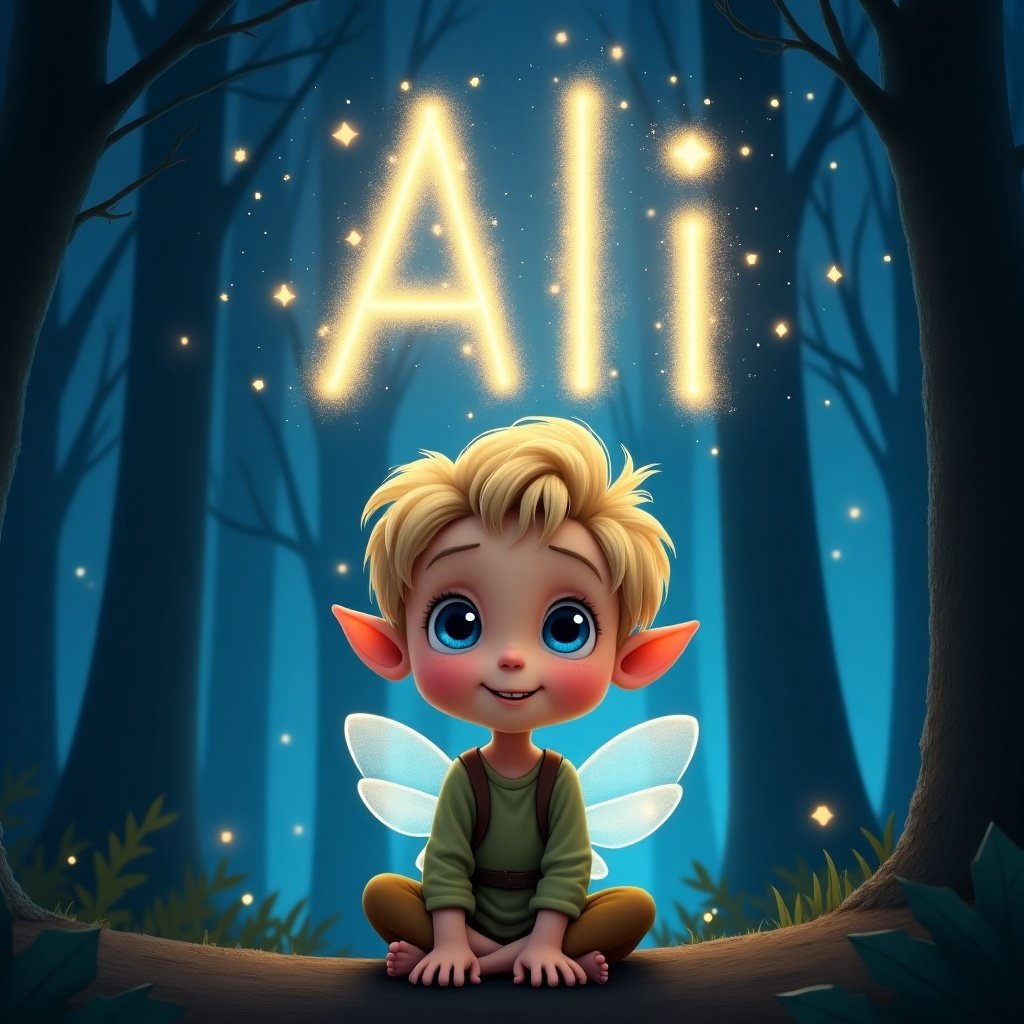 Whimsical image of a pixie elf boy. He has short blonde hair and blue eyes. Sitting peacefully in a forest at night. Background features a starry sky and tall silhouetted trees. Name 'Ali' is glowing above him. The elf has delicate wings and a simple outfit. Scene embodies a sense of wonder.