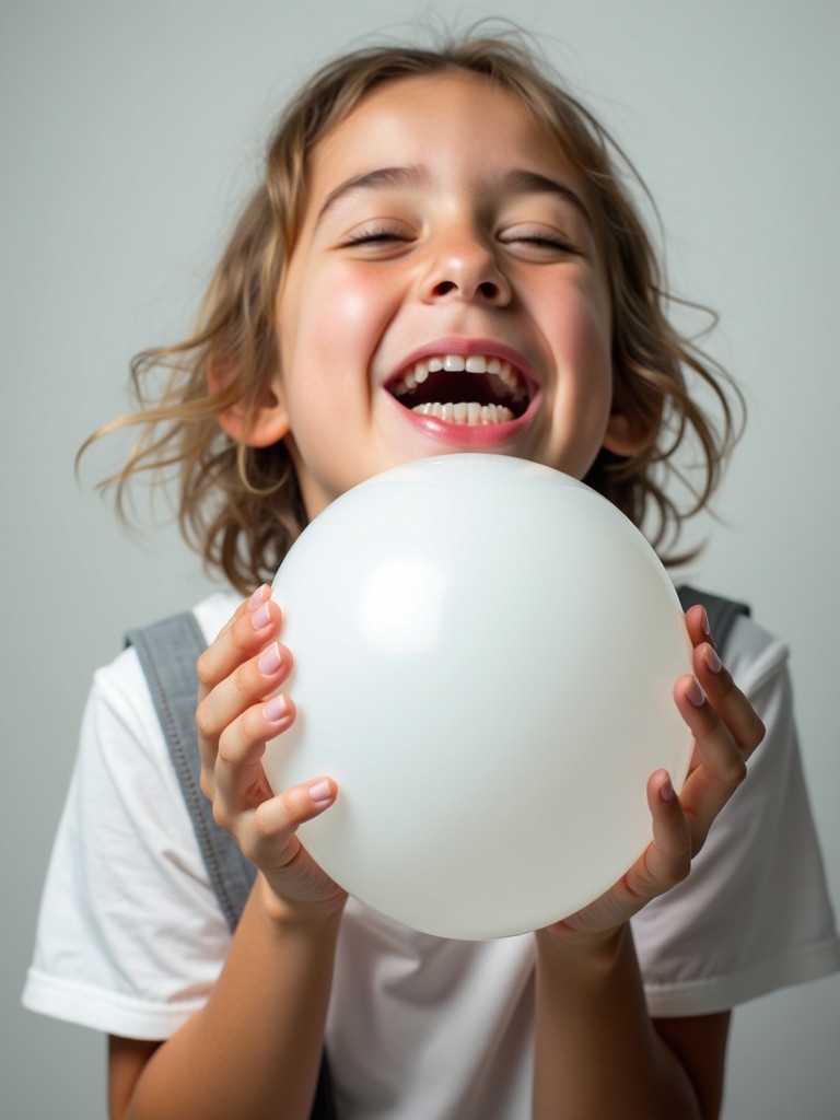 A child holding a white balloon with excitement. The kid displays a mischievous look while interacting with the balloon. Soft background emphasizes the playful mood.