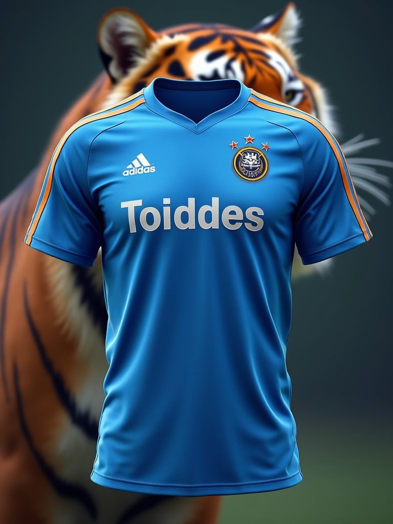 A blue cricket jersey displayed prominently. The background features a tiger, creating a striking contrast.