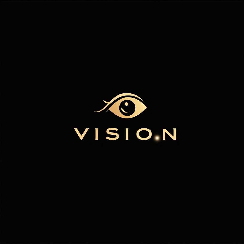 The image features a black and gold logo designed for the brand 'VISION'. At its center, there is a stylized eyeball that represents the brand's focus on vision and clarity. The text 'VISION' is elegantly integrated with the graphic element. The logo uses a minimalist design approach to convey sophistication. The gold color stands out against the black background, making it visually impactful and memorable.