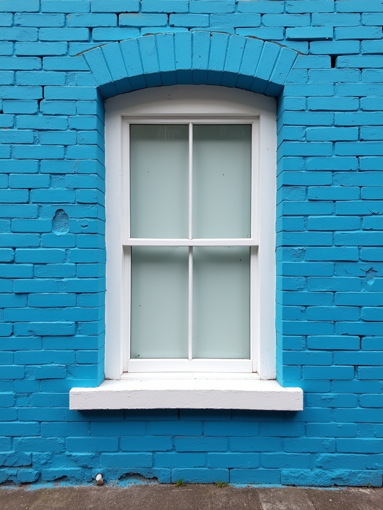 An arched white-framed window set in a bright blue brick wall.