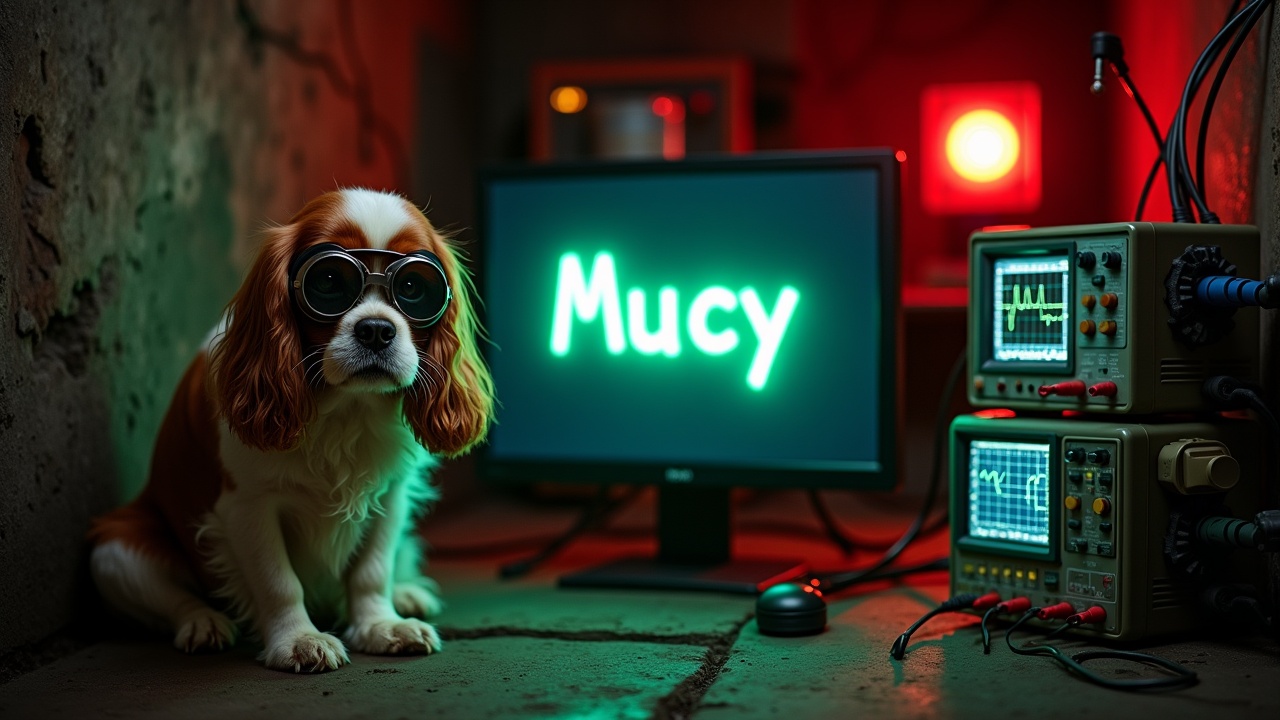 In a dark and eerie bunker, a fluffy Cavalier King Charles Spaniel sits next to advanced nuclear technology. The dog, sporting welding goggles, has a curious expression on its face. Oscilloscopes and multimeters display various signals, showcasing the intersection of pet companionship and complex repair work. A bright red emergency alarm casts a glow in the background, enhancing the industrial feel of the scene. On a nearby computer screen, the word 'Mucy' shines in a vibrant green font, adding a playful touch to the otherwise serious setting.