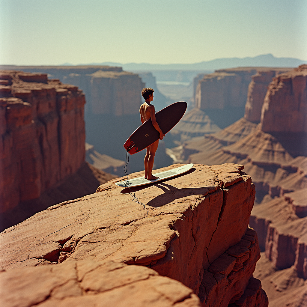 A lone surfer stands with a surfboard on a rocky cliff overlooking a vast canyon, under a clear blue sky.