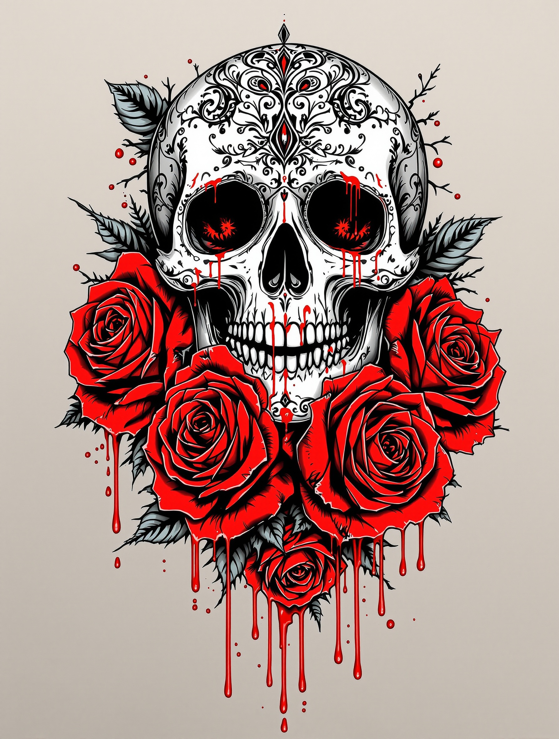 Tattoo design featuring a skull with ornate details. Blood droplets surround the skull. Red roses with green leaves frame the skull. Intricate patterns enhance the skull's appearance. Bright colors create a striking effect.