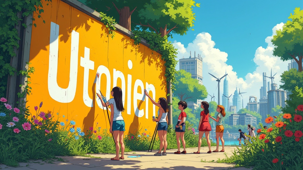 A vibrant Solarpunk scene inspired by Studio Ghibli. A group of young activists painting a large wall with 'Utopien'. The environment is lush with flowers and vines. The city is filled with eco-friendly architecture featuring wind turbines and solar panels. Activists wear colorful clothes and show joy. The scene is warm and full of life.