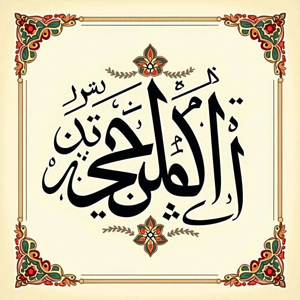 Intricate Arabic calligraphy showcasing a religious phrase presented within a decorative border. Black calligraphy on a soft cream background with vibrant floral and geometric patterns. Design emphasizes elegance and cultural significance.