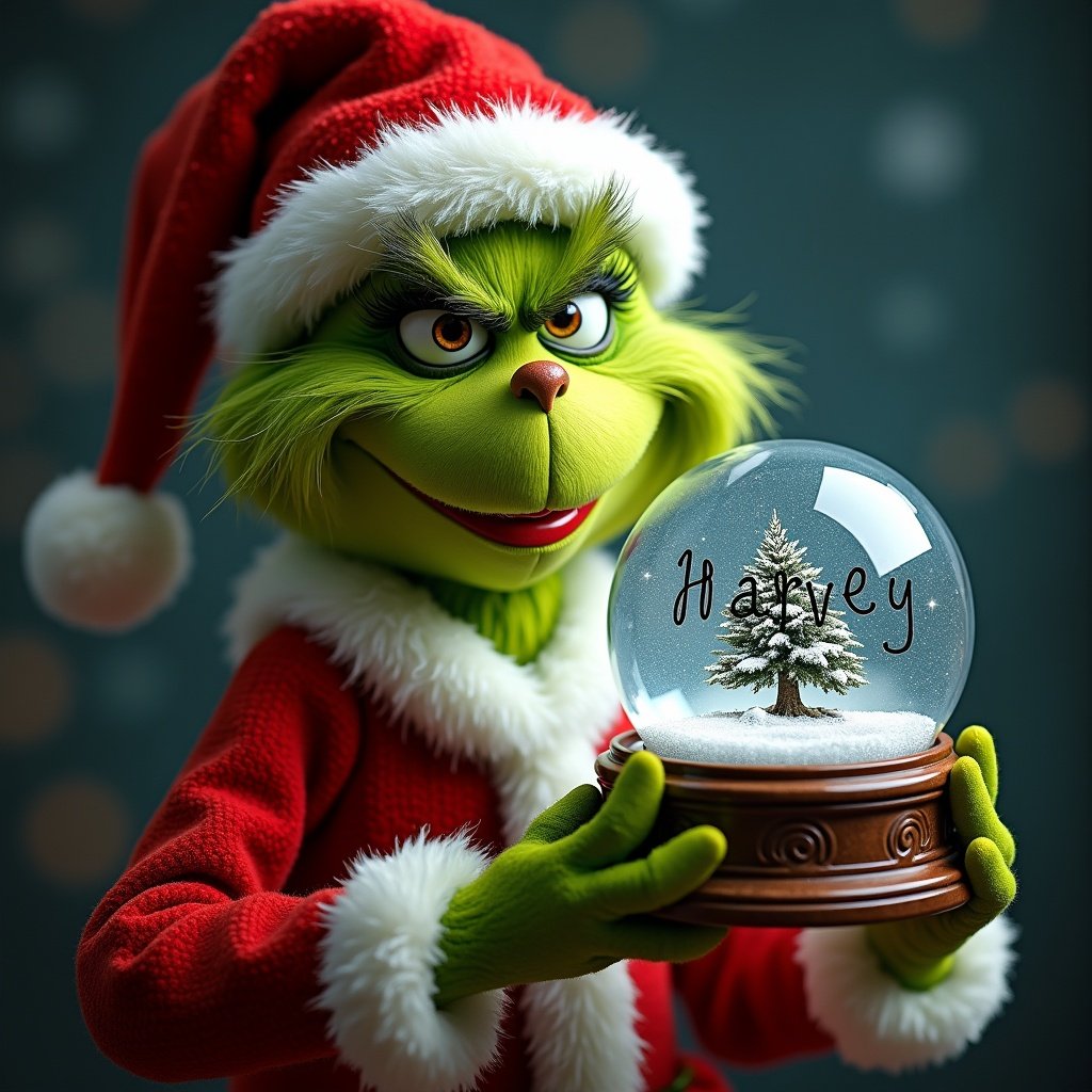 Grinch wears festive Christmas outfit. The Grinch holds a snow globe displaying a tree with the name Harvey. The scene radiates holiday spirit.