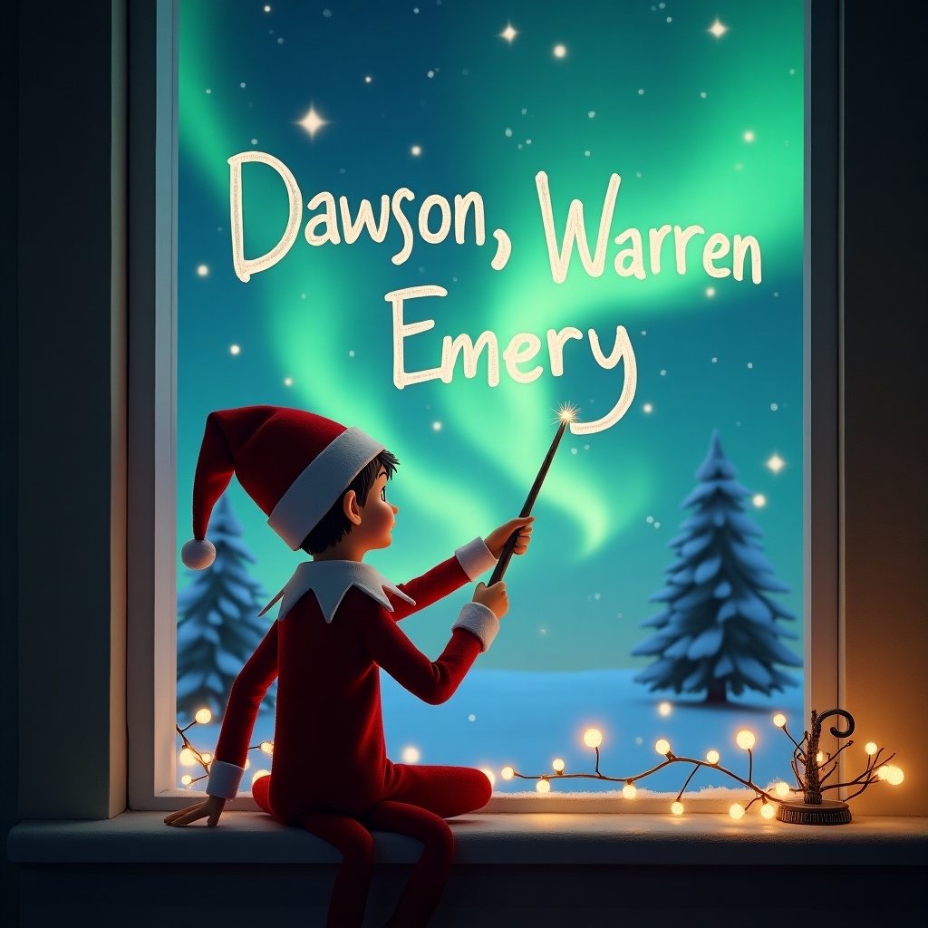 Elf sitting by window, back facing viewer, writing names in the sky with a wand. Background features northern lights and festive decorations.