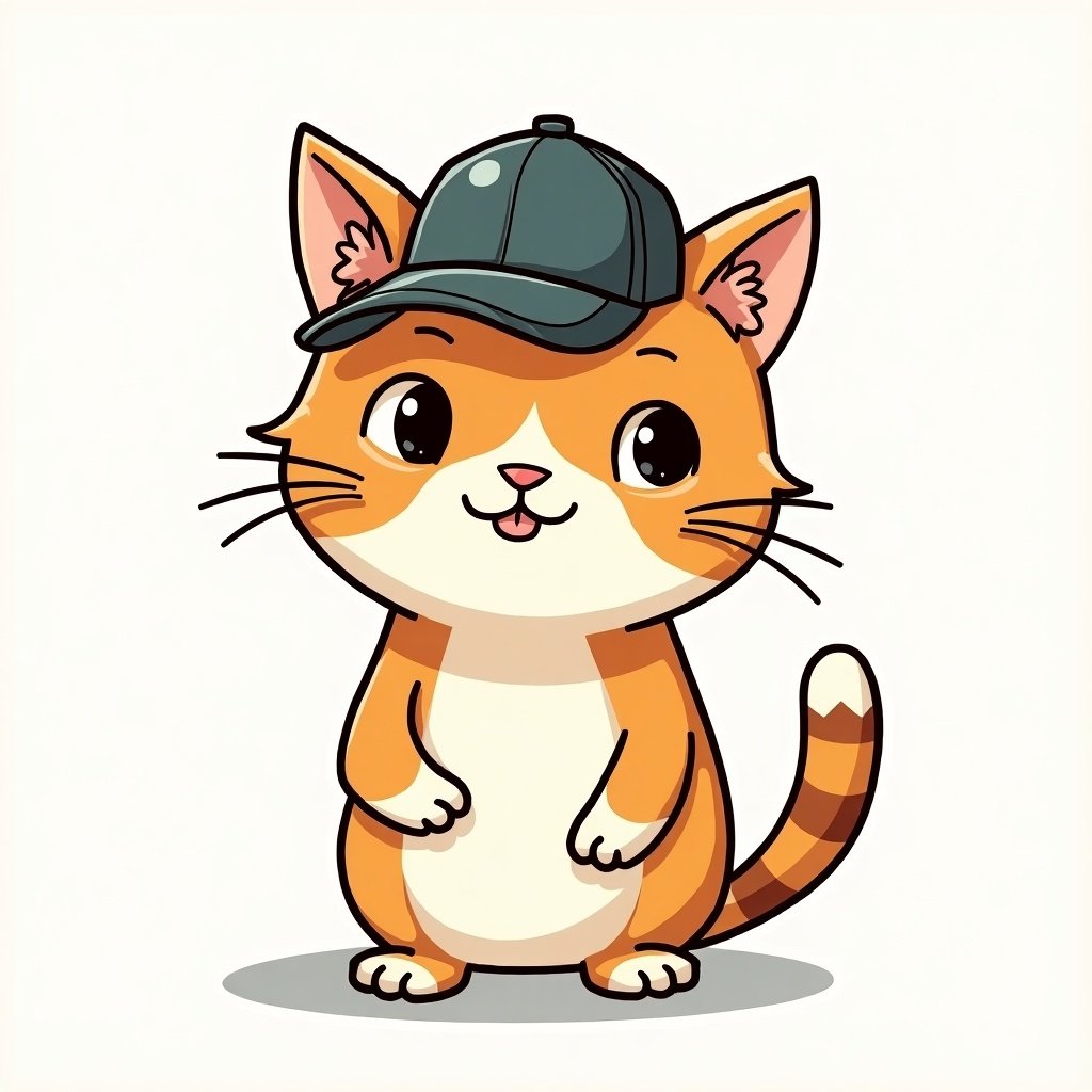 Ginger and white cat poses with a baseball cap. Rubber hose art style is used. The expression is cheerful and playful. The background is light and simple.