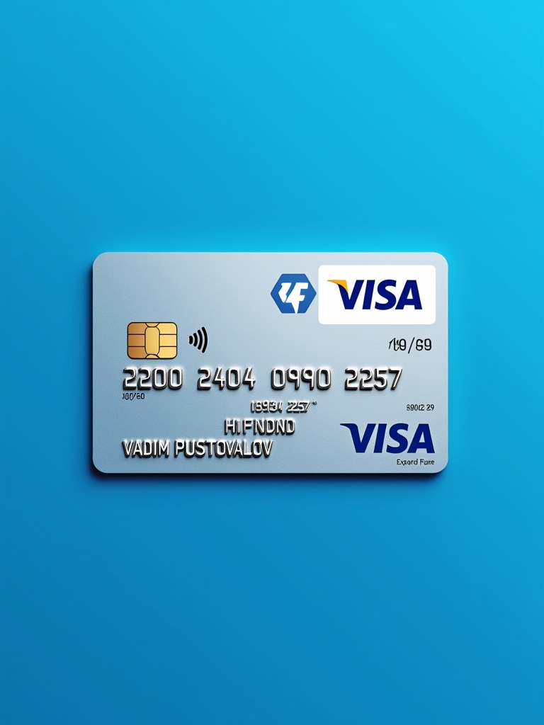 Realistic image displays a credit card featuring a Visa logo and VTB branding. Card number 2200 2404 0990 2257 is clearly visible. Name VADIM PUSTOVALOV is presented prominently. Expiry date is 09/29. Background is blue, creating a clean and modern look.