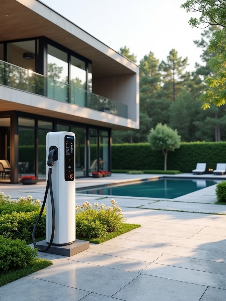 Display an electric vehicle charger positioned beside a luxury home with a pool. Show a modern architectural style, lush landscaping, and a serene atmosphere.