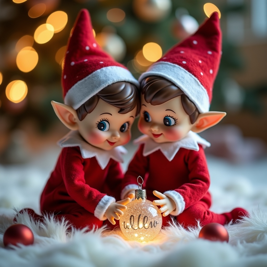 The image features two adorable Christmas elves sitting closely together, each wearing matching red outfits with white trim and festive hats. They are intently focused on a sparkling bauble on the ground, which is personalized with the name 'willow'. Surrounding them are soft, fluffy decorations reminiscent of winter magic. In the background, a beautifully lit Christmas tree twinkles with soft colors, adding warmth to the scene. This heartwarming moment captures the joy of the holiday season, making it perfect for various festive applications.