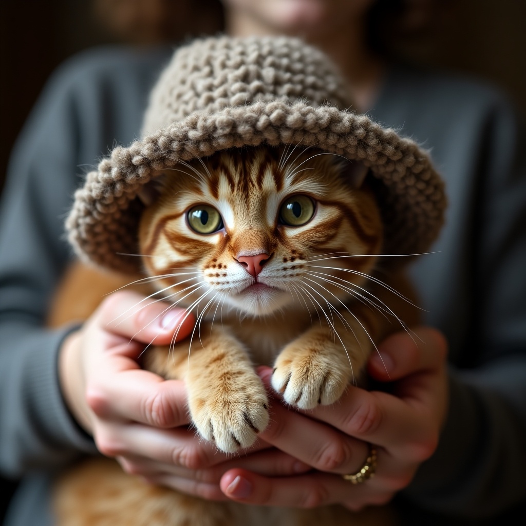 A cat wearing a cozy knitted hat held gently in human hands. The cat looks cute and curious. The background is softly blurred, emphasizing the cat and the hat.