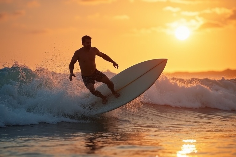 Surfer rides a wave during sunrise. Soft golden light illuminates the scene. Ocean waves crash around him. The atmosphere conveys freedom and adventure.