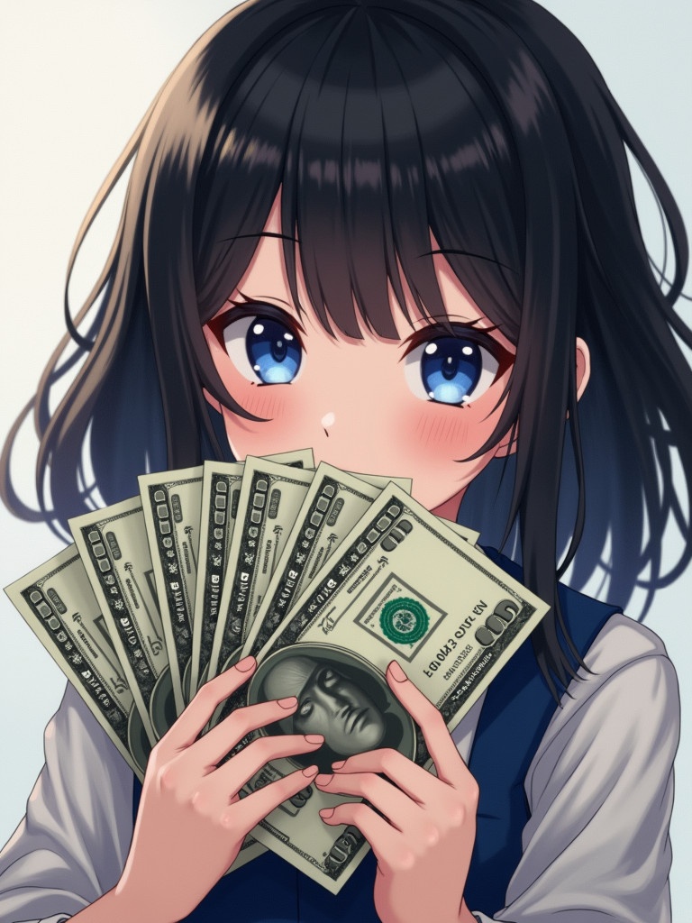 Girl holding cash with money in hands. Black hair and blue eyes. Portrait image, bright background with soft tones.