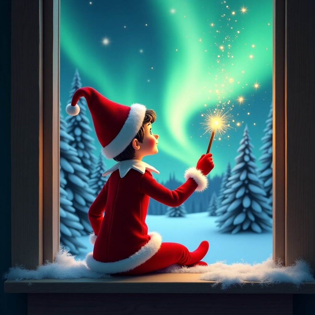 Adorable elf on shelf sitting on window ledge. He uses a magical wand to create twinkling sparks. Looks up at stunning northern lights. Background has snow-covered pine trees. The elf wears a vibrant red outfit with white trim. Scene is illuminated by colors of aurora borealis. Festive holiday feel.