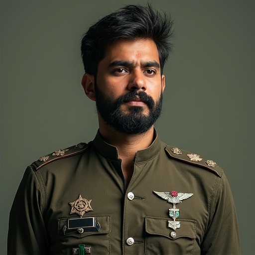 A young man wearing a traditional Pakistani military uniform. The uniform has various insignias and medals. It features a distinctive olive green color. The background is neutral and emphasizes the subject and uniform. Careful attention is given to the details of the outfit.