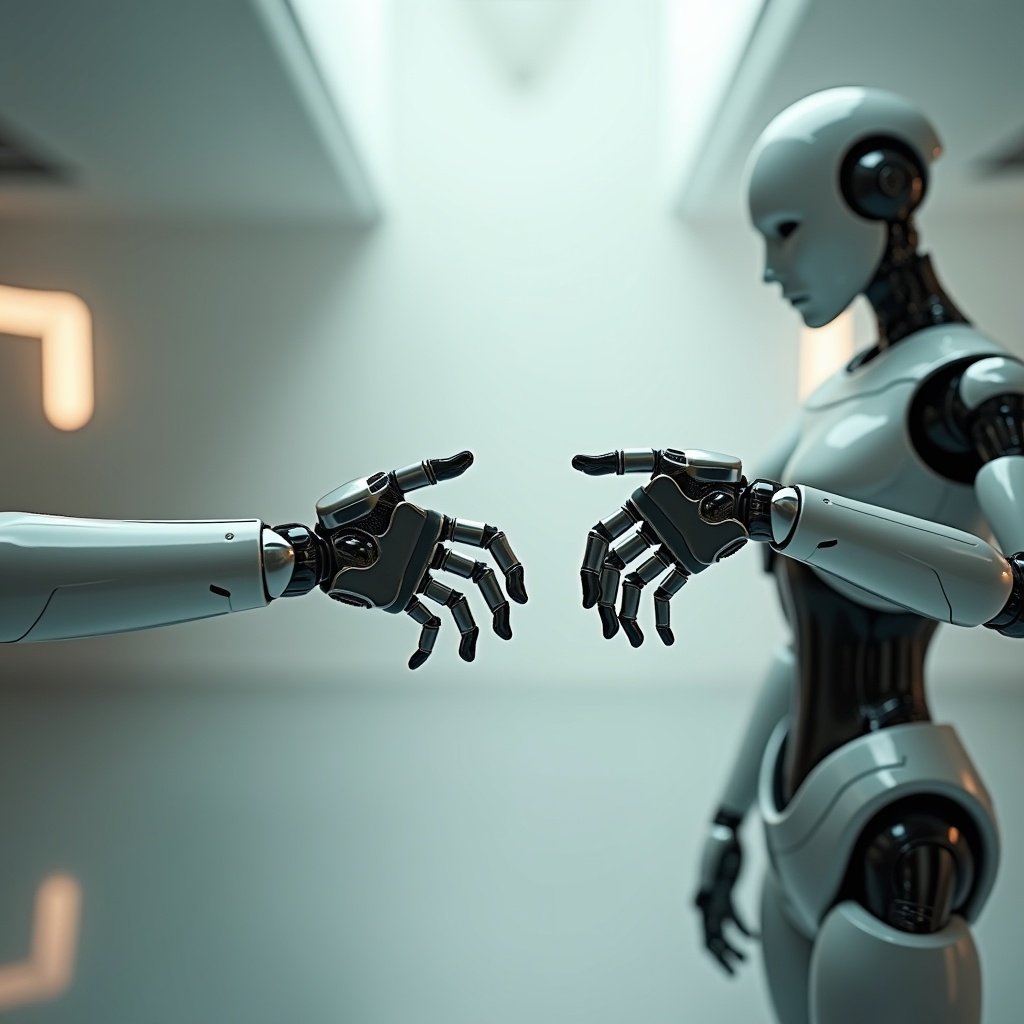 A humanoid robot in a futuristic lab displays sleek metallic design. Advanced technology is present in the scene. Soft ambient lighting sets a calming tone with neutral background tones. Intricately designed robotic hands are reaching towards one another.