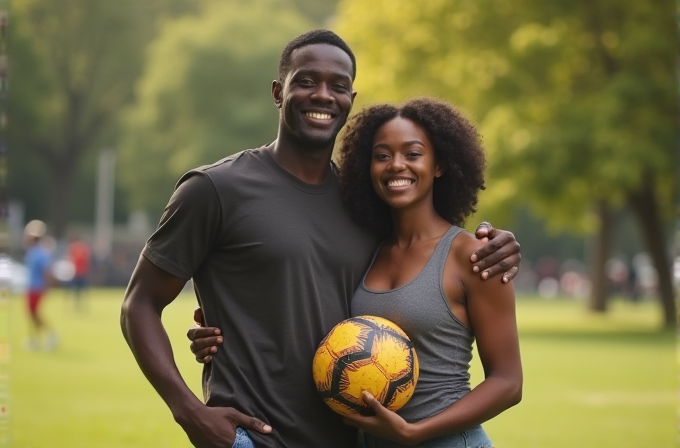 A smiling couple holds a soccer ball in a lush green park.