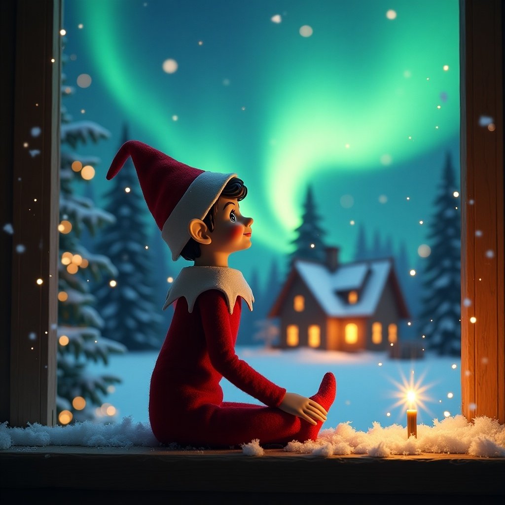 Elf on the shelf sitting with back to viewer. Elf gazes skyward while holding glowing wand. Colorful northern lights in the background. Cozy house in distance. Snow on ground. Elf symbolizes Christmas magic and wonder. Name Freyja and hoomums present.