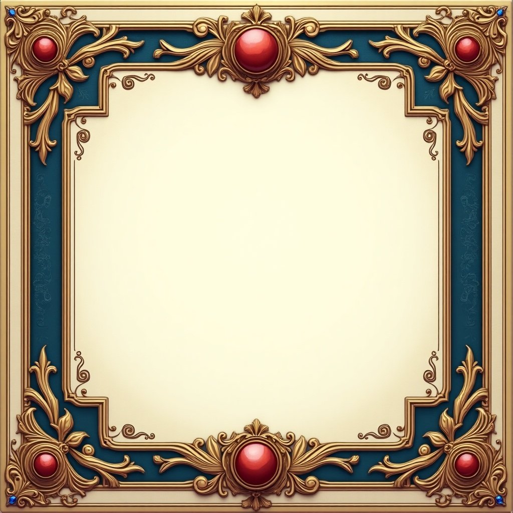 Intricate decorative card frame with golden accents and red gems. Designed for elegant presentations without any text.