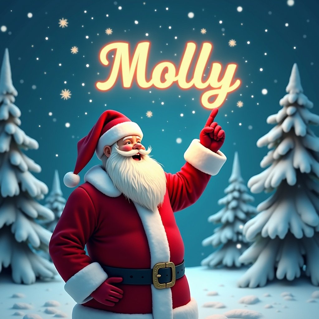 Joyful Santa Claus in winter wonderland. Traditional red suit and hat. Pointing upward as if writing a name in the sky. Snowflakes falling. Name 'Molly' glowing in the sky. Snowy trees in background.