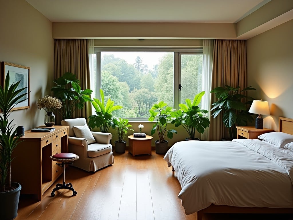 This image showcases a tranquil bedroom setting. The bed is positioned on the right, exuding comfort. On the left, there's a chair and a table, creating a cozy nook. The room features a large window that lets in plenty of natural light. Lush green plants are arranged near the window, adding a touch of nature to the space.