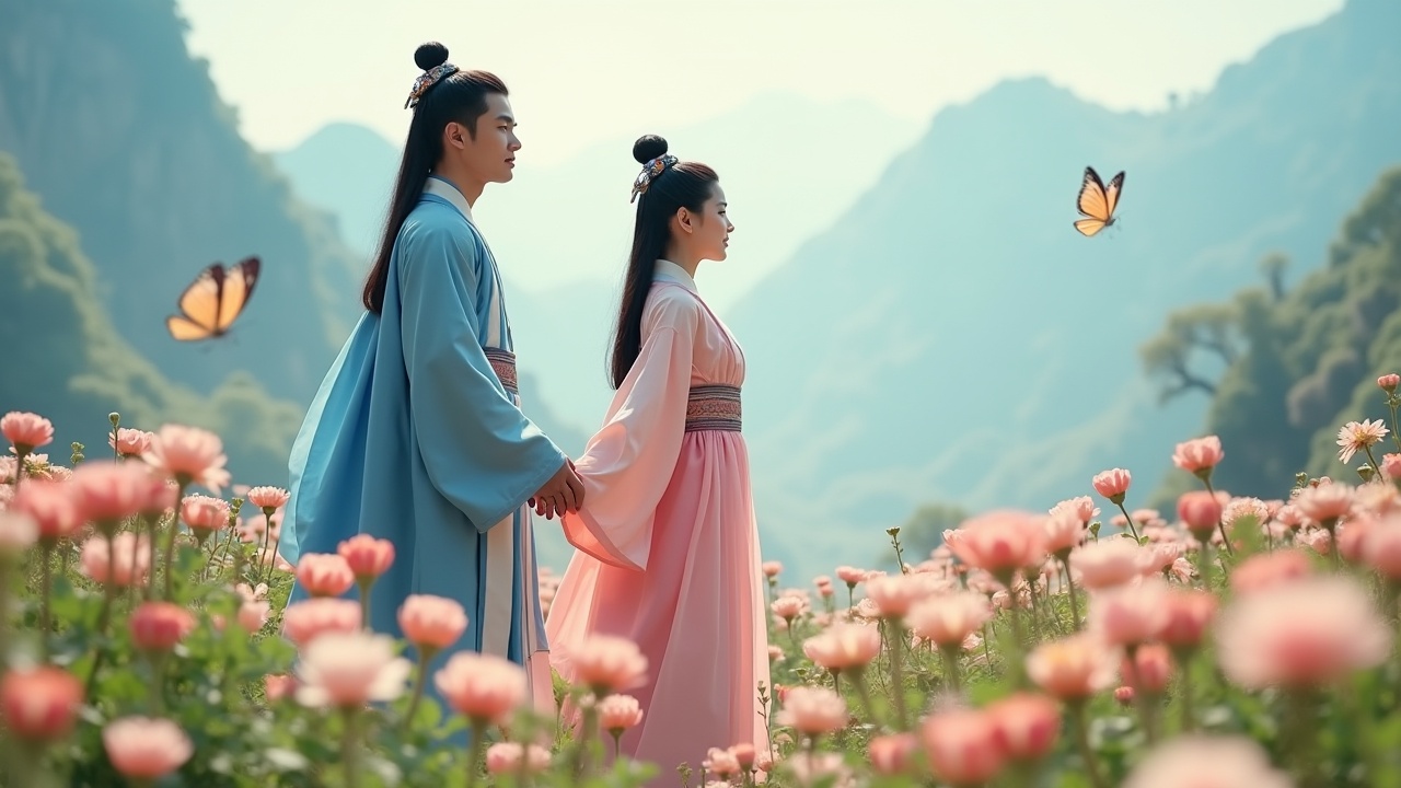 A romantic couple stands hand in hand in a beautiful flower field, surrounded by mountains in the background. The man is wearing a blue traditional outfit, while the woman is dressed in a soft pink gown. The scene is adorned with butterflies fluttering around them, creating a serene and enchanting atmosphere. The soft lighting enhances the warm colors of the flowers and their outfits, emphasizing the romantic theme. The overall composition evokes feelings of love and harmony in nature.