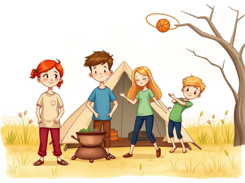 A whimsical illustration featuring four children playing around a campsite. They are near a tent with a large cooking pot in the foreground, and a ball is caught in mid-air near a leafless tree. The scene is set in a grassy field adorned with wildflowers, conveying a sense of carefree outdoor fun.